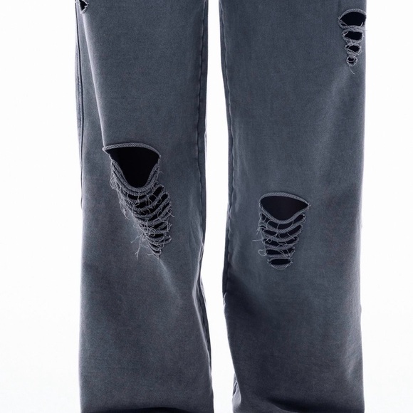 Wide Leg Distressed Women's Jeans - Charcoal Gray - Picture 2 of 7